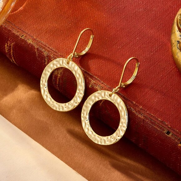 14K Gold Drop Handmade Hammered Circle Round Dangle Minimalist Earring for Women - Picture 7 of 7